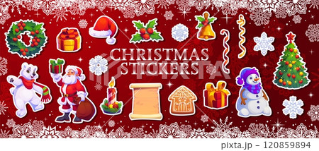 Christmas holiday characters stickers pack. Vector festive patches including Santa Claus, snowman, polar bear, wreath, scroll, gifts, Christmas tree, candle, bell, snowflakes and tinsel decorations 120859894
