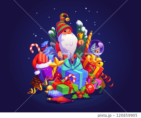 Cartoon Christmas gifts stack with elf and decorations. Vector cheerful gnome with a striped hat surrounded by festive gifts, ornaments, snow globe, candy canes, holly and ribbons ready for holiday 120859905
