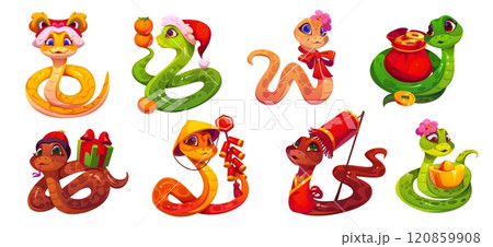 2025 cartoon snake characters for Chinese lunar New Year, vector personages. Funny snakes in dragon mask with lanterns and firecracker petards or Santa gifts for 2025 Chinese lunar New Year calendar 2025 cartoon snake characters for Chinese lunar New Year, vector personages. Funny snakes in dragon mask with lanterns and firecracker petards or Santa gifts for 2025 Chinese lunar New Year calendar 120859908