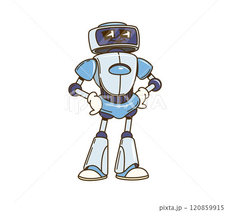 Cartoon groovy robot character stands confidently with hands on hips and playful expression. Isolated vector blue futuristic humanoid figure, robotics droid machine retro personage embodies technology Cartoon groovy robot character stands confidently with hands on hips and playful expression. Isolated vector blue futuristic humanoid figure, robotics droid machine retro personage embodies technology 120859915