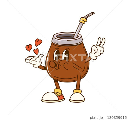 Cartoon groovy Yerba mate gourd cup or calabash character with bombilla straw, wearing sneakers, with expressive eyes and making a kissing gesture accompanied by heart symbols and giving a peace sign Cartoon groovy Yerba mate gourd cup or calabash character with bombilla straw, wearing sneakers, with expressive eyes and making a kissing gesture accompanied by heart symbols and giving a peace sign 120859916