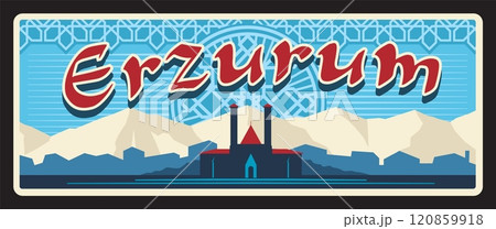 Vintage postcard for Erzurum Turkish il. Vector retro banner with intricate oriental ornament, mountains and a historic building. Plaque or plate emphasizing rich culture and architecture of Turkey Vintage postcard for Erzurum Turkish il. Vector retro banner with intricate oriental ornament, mountains and a historic building. Plaque or plate emphasizing rich culture and architecture of Turkey 120859918