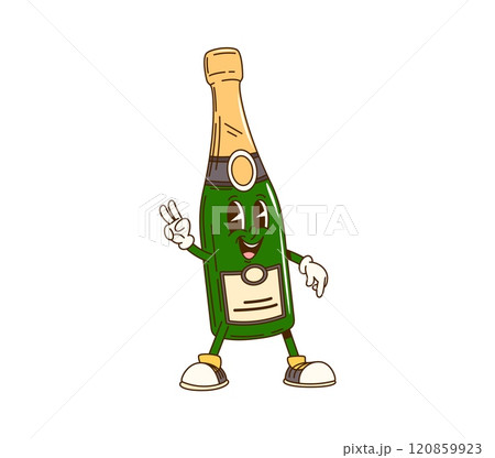 Cartoon groovy champagne bottle character flashing a peace sign, ready to celebrate party. Isolated vector sparkling wine glass flask retro personage rejoices with happy smile, embodying holiday vibe 120859923