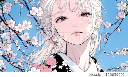 梅花と和服姿の若い女性