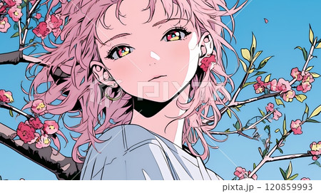梅花と若い女性