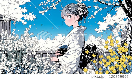 梅花と和服姿の若い女性