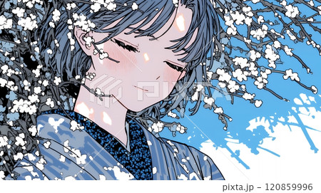 梅花と和服姿の若い女性