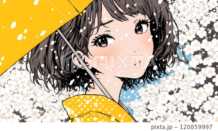 梅花と和服姿の若い女性