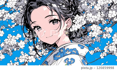 梅花と和服姿の若い女性