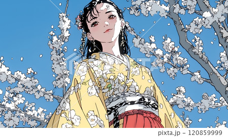 梅花と和服姿の若い女性