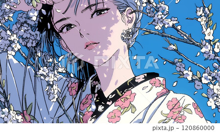 梅花と和服姿の若い女性