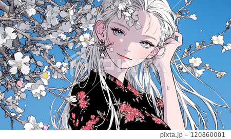 梅花と和服姿の若い女性