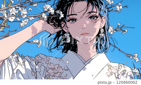 梅花と和服姿の若い女性