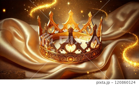クラシックなデザインが特徴の豪華な金の王冠と輝く光の粒子 クラシックなデザインが特徴の豪華な金の王冠と輝く光の粒子 120860124