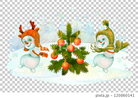 Cute snowmen dancing at the Christmas tree on winter conifer forest backdrop surrounded by snowflakes. Hand-drawn child characters celebrating Christmas or New Year. Watercolor illustration for design 120860141