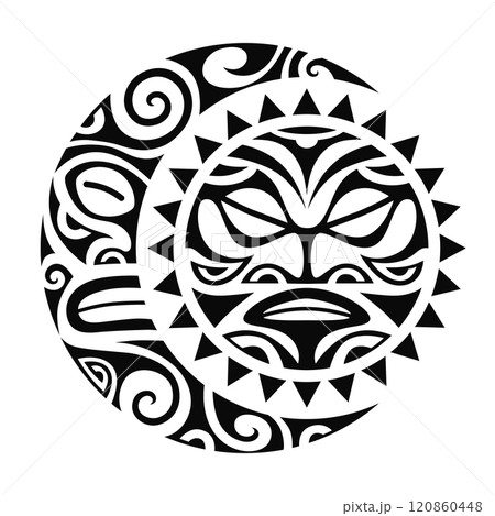 Sun and moon maori style tattoo sketch. Round tribal ornament. Sun and moon maori style tattoo sketch. Round tribal ornament. 120860448