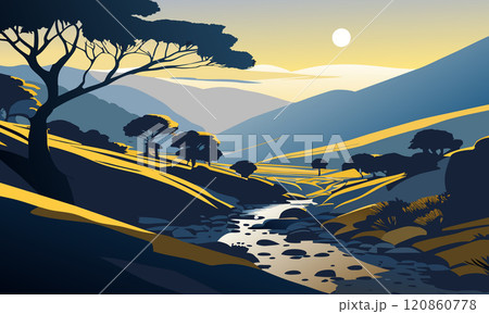 Calm landscape with a stream among the hills, vector illustration. 120860778
