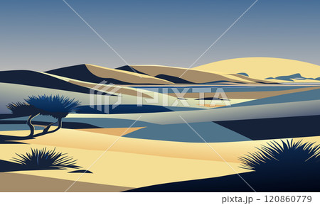 Landscape with small bushes in the desert, vector illustration. 120860779