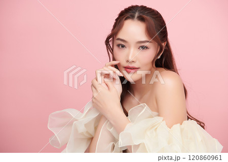 Beautiful young asian woman with clean fresh skin on pink background, Face care, Facial treatment, Cosmetology, beauty and spa, Asian women portrait. 120860961