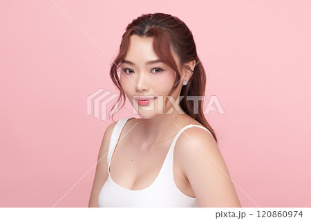 Beautiful young asian woman with clean fresh skin on pink background, Face care, Facial treatment, Cosmetology, beauty and spa, Asian women portrait. 120860974