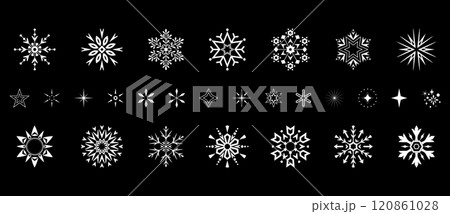 Snowflakes icon collection. Graphic modern black and white ornament. Snowflakes icon collection. Graphic modern black and white ornament. 120861028