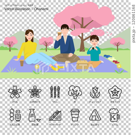 シンプルな「お花見」のアイコン・イラストレーションセット シンプルな「お花見」のアイコン・イラストレーションセット 120861168