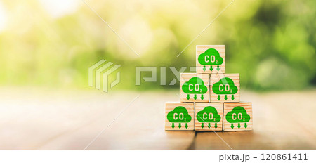 CO2 emission concept. Green industries business concept. Net zero emissions. Renewable energy, sustainable technology, ecology solutions. 120861411