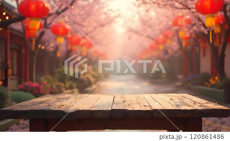 Empty table and blurred background of cherry blossom garden with lanterns 120861486