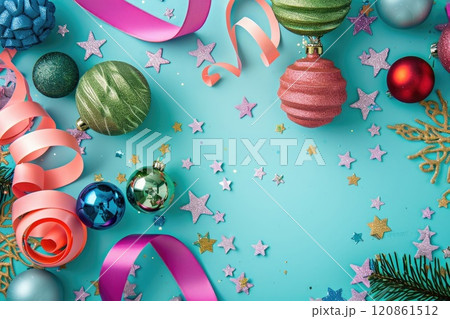 AI generated Tree toy balls and fir branches on blue background 120861512
