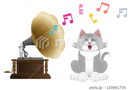 蓄音機で音楽を聴くねこ 蓄音機で音楽を聴くねこ 120861756