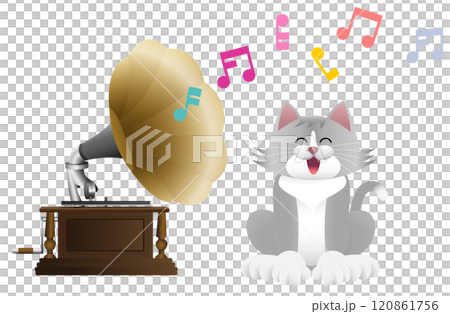 蓄音機で音楽を聴くねこ 蓄音機で音楽を聴くねこ 120861756