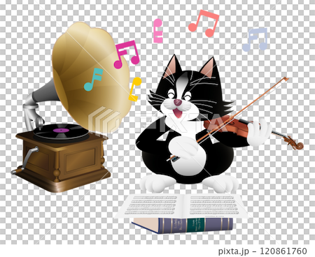 蓄音機とバイオリンを弾くねこ 蓄音機とバイオリンを弾くねこ 120861760