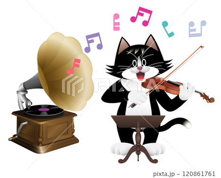 蓄音機とバイオリンを弾くねこ 120861761