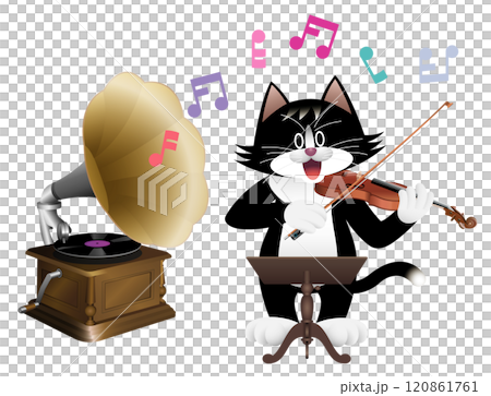 蓄音機とバイオリンを弾くねこ 120861761