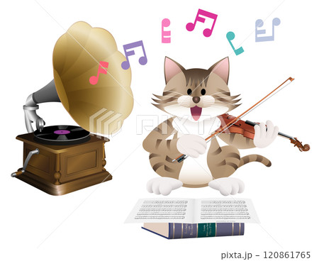 蓄音機とバイオリンを弾くねこ 120861765