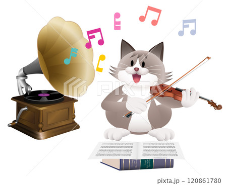 蓄音機とバイオリンを弾くねこ 120861780