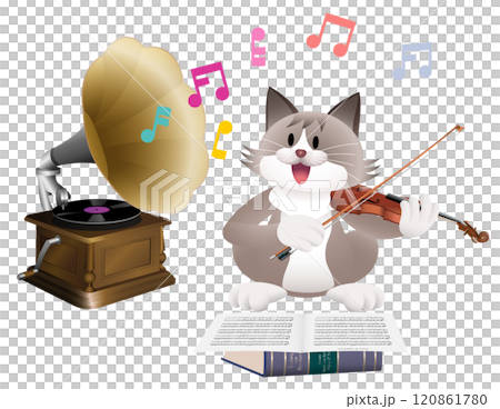 蓄音機とバイオリンを弾くねこ 120861780