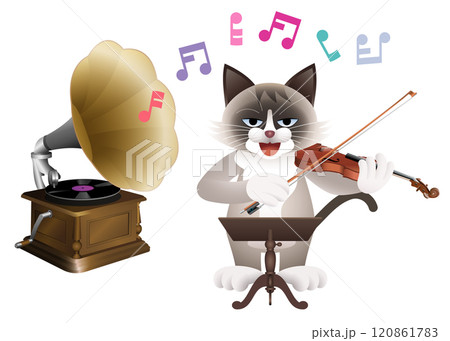 蓄音機とバイオリンを弾くねこ 蓄音機とバイオリンを弾くねこ 120861783