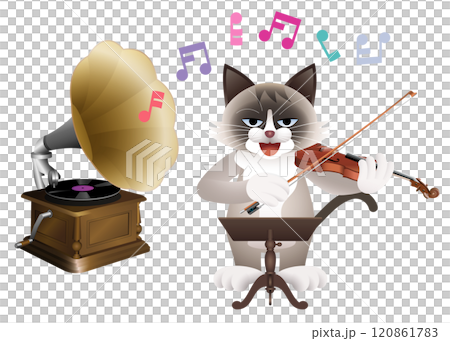 蓄音機とバイオリンを弾くねこ 蓄音機とバイオリンを弾くねこ 120861783