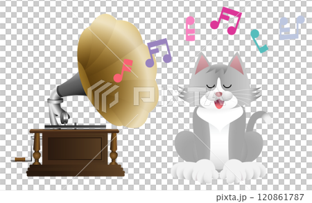 Cat listening to music on a gramophone Cat listening to music on a gramophone 120861787