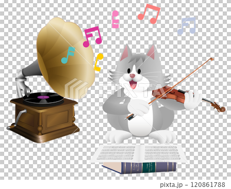 蓄音機とバイオリンを弾くねこ 蓄音機とバイオリンを弾くねこ 120861788