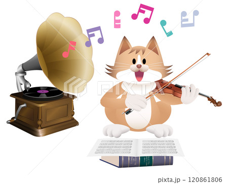 蓄音機とバイオリンを弾くねこ 120861806