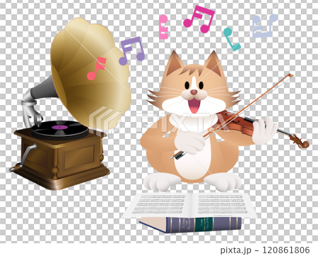 蓄音機とバイオリンを弾くねこ 120861806