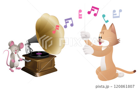蓄音機の前で指揮するねこ 120861807