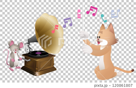蓄音機の前で指揮するねこ 120861807