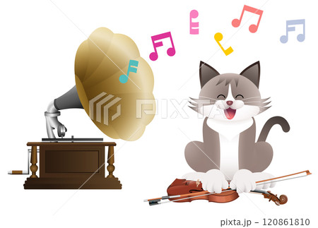 蓄音機で音楽を聴くねこ 蓄音機で音楽を聴くねこ 120861810