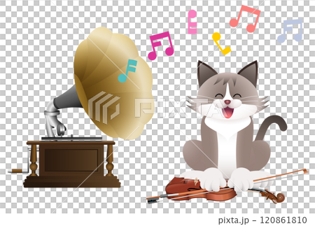 蓄音機で音楽を聴くねこ 蓄音機で音楽を聴くねこ 120861810
