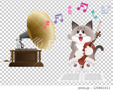 蓄音機で音楽を聴くねこ 蓄音機で音楽を聴くねこ 120861811