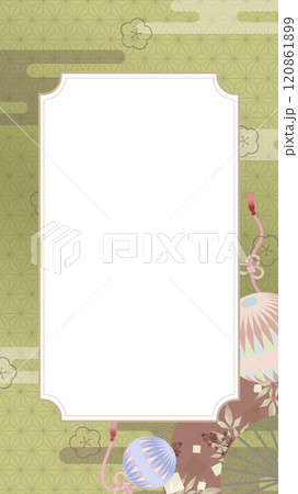 和風な手毬と扇と梅の花の縦型フレーム　抹茶色 120861899