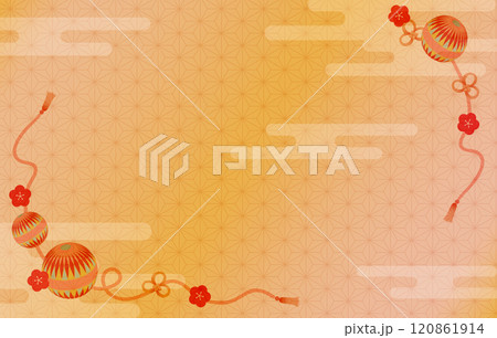 手毬と梅の花の装飾の和風背景　赤色系 120861914